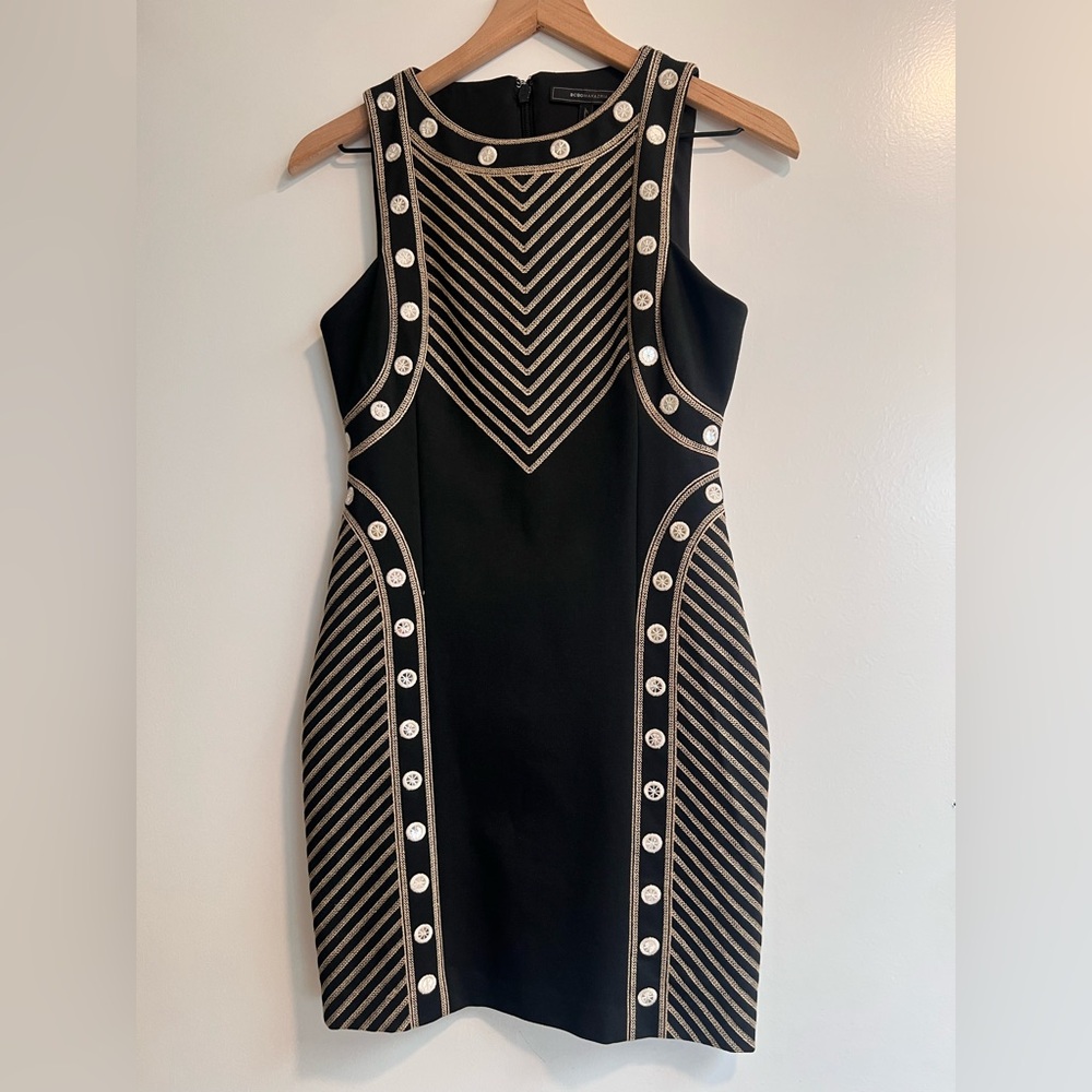BCBG MAXAZRIA Gabrielle mirror embroidered fitted shift dress, black, size 4
